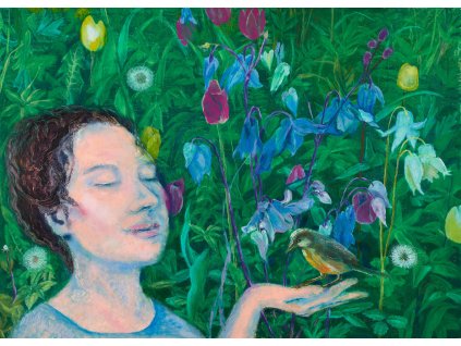 obraz olejovým pastelem s názvem Vnitřní prostor s ptáčkem na dlani dívky