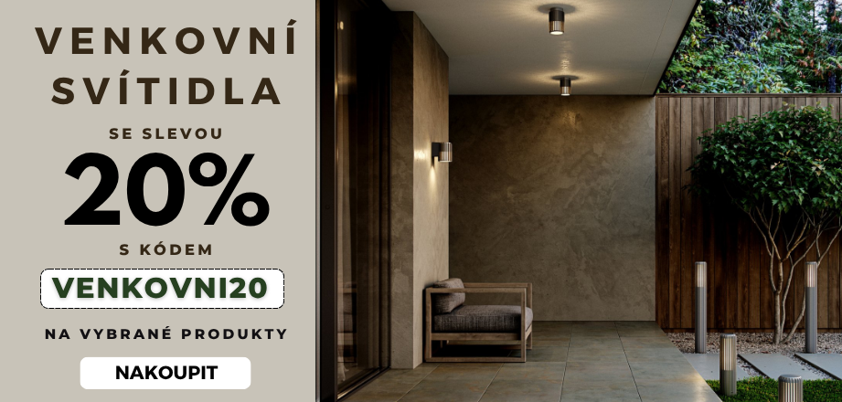 Sezóna venkovních posezení je tady! Připravili jsme pro vás exkluzivní SLEVU 20 % s kódem VENKOVNI20 na designové venkovní osvětlení od vybraných značek. Vylaďte si terasu nebo příjezdovou cestu k dokonalosti! ✨