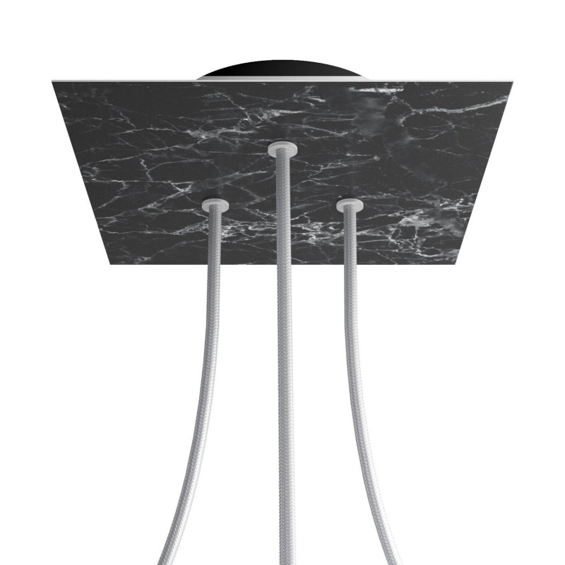 creative cables Čtvercový stropní baldachýn ROSE ONE, 200 mm, 3 otvory a 4 boční otvory Barva komponentu: Mramor marquina, Barva montury: Černá