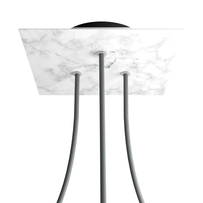 creative cables Čtvercový stropní baldachýn ROSE ONE, 200 mm, 3 otvory a 4 boční otvory Barva komponentu: Mramor carara, Barva montury: Černá