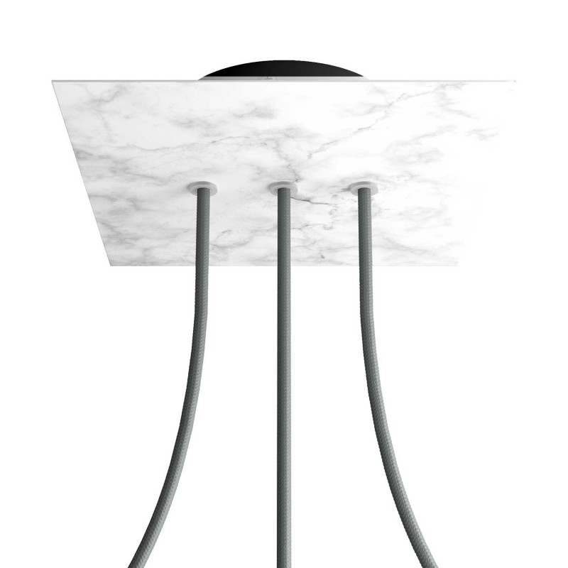 creative cables Čtvercový stropní baldachýn ROSE ONE, 200 mm, 3 otvory a 4 boční otvory - lineární Barva komponentu: Mramor carara, Barva montury: Černá