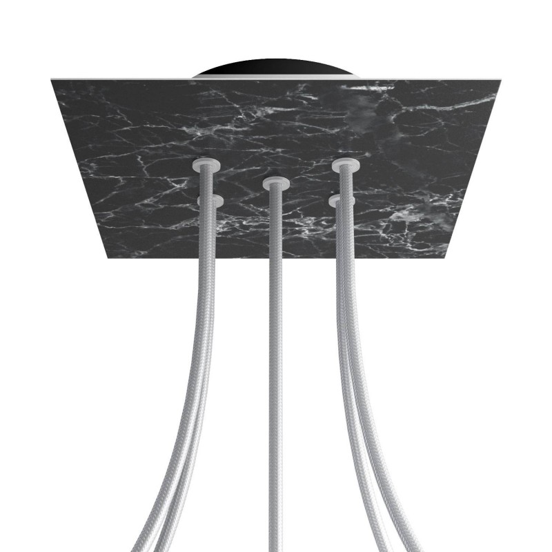 creative cables Čtvercový stropní baldachýn ROSE ONE, 200 mm, 5 otvorů a 4 boční otvory Barva komponentu: Mramor marquina, Barva montury: Černá