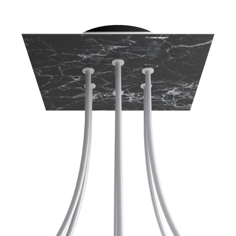 creative cables Čtvercový stropní baldachýn ROSE ONE, 200 mm, 6 otvorů a 4 boční otvory Barva komponentu: Mramor marquina, Barva montury: Černá