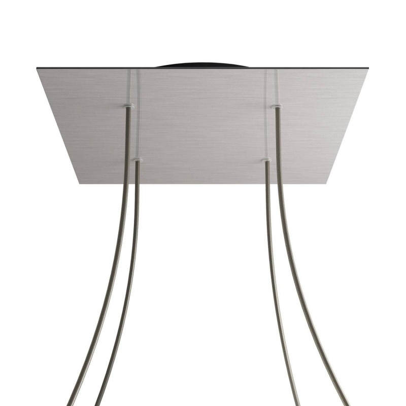 creative cables Čtvercový stropní baldachýn ROSE ONE, 400 mm, 4 otvory a 4 boční otvory Barva komponentu: Hladký ocelový dibond, Barva montury: Černá