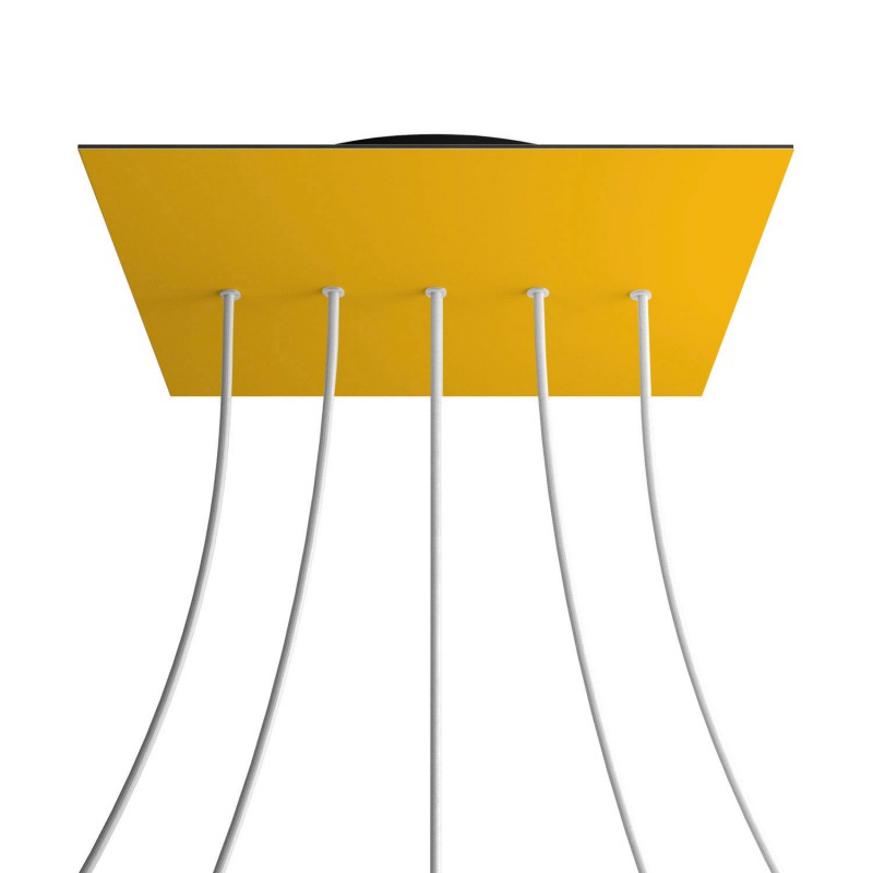 creative cables Čtvercový stropní baldachýn ROSE ONE, 400 mm, 5 otvorů a 4 boční otvory - lineární Barva komponentu: Hořčicově žlutá, Barva montury: Černá