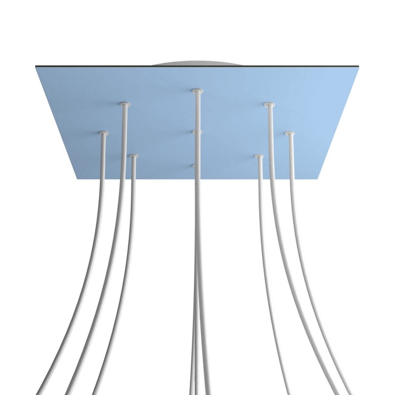 creative cables Čtvercový stropní baldachýn ROSE ONE, 400 mm, 9 otvorů a 4 boční otvory Barva komponentu: Světle modrá, Barva montury: Bílá