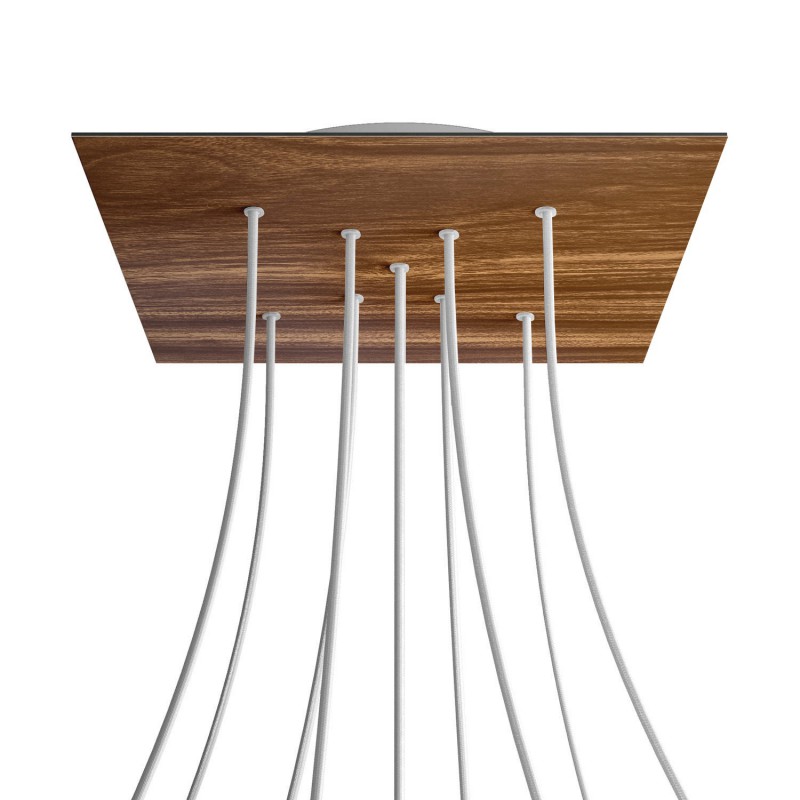 creative cables Čtvercový stropní baldachýn ROSE ONE, 400 mm, 9 otvorů a 4 boční otvory - tvar X Barva komponentu: Dřevo, Barva montury: Bílá