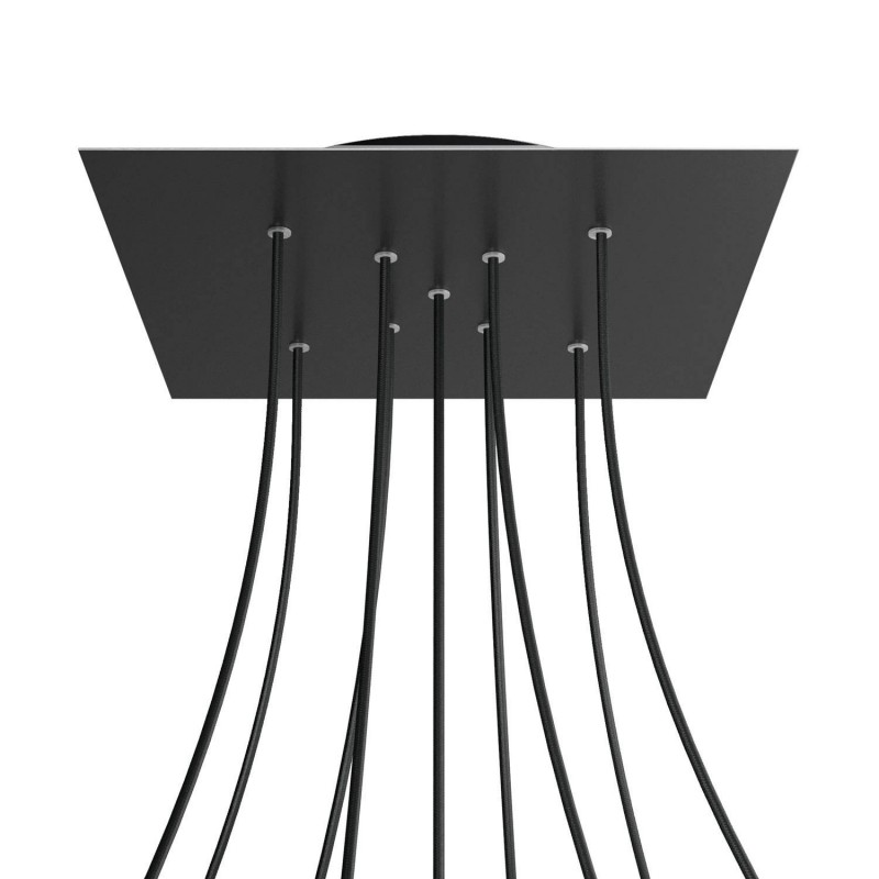 creative cables Čtvercový stropní baldachýn ROSE ONE, 400 mm, 9 otvorů a 4 boční otvory - tvar X Barva komponentu: Matná černá, Barva montury: Černá