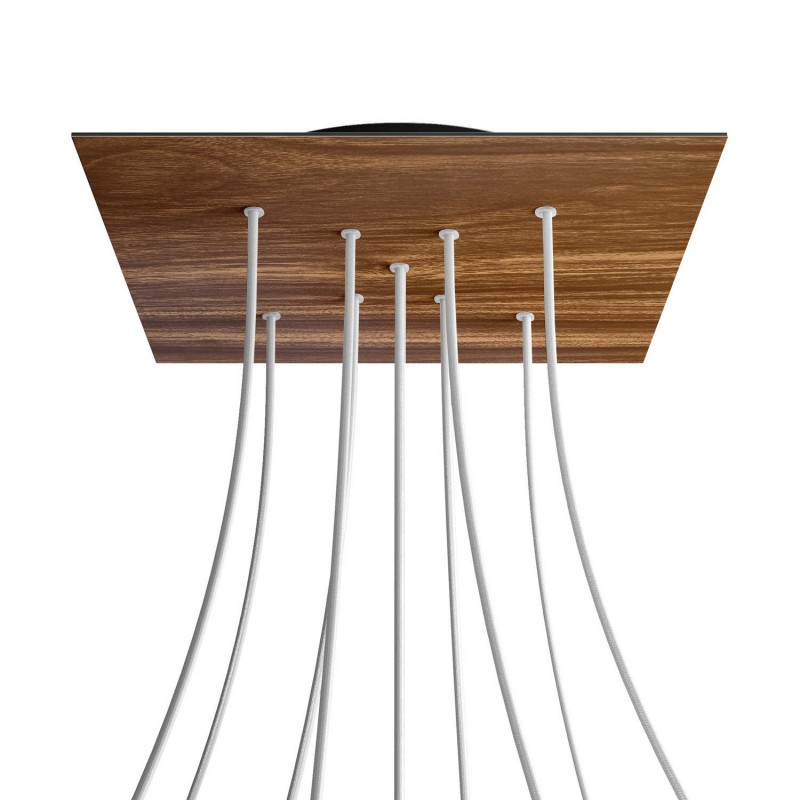 creative cables Čtvercový stropní baldachýn ROSE ONE, 400 mm, 9 otvorů a 4 boční otvory - tvar X Barva komponentu: Dřevo, Barva montury: Černá
