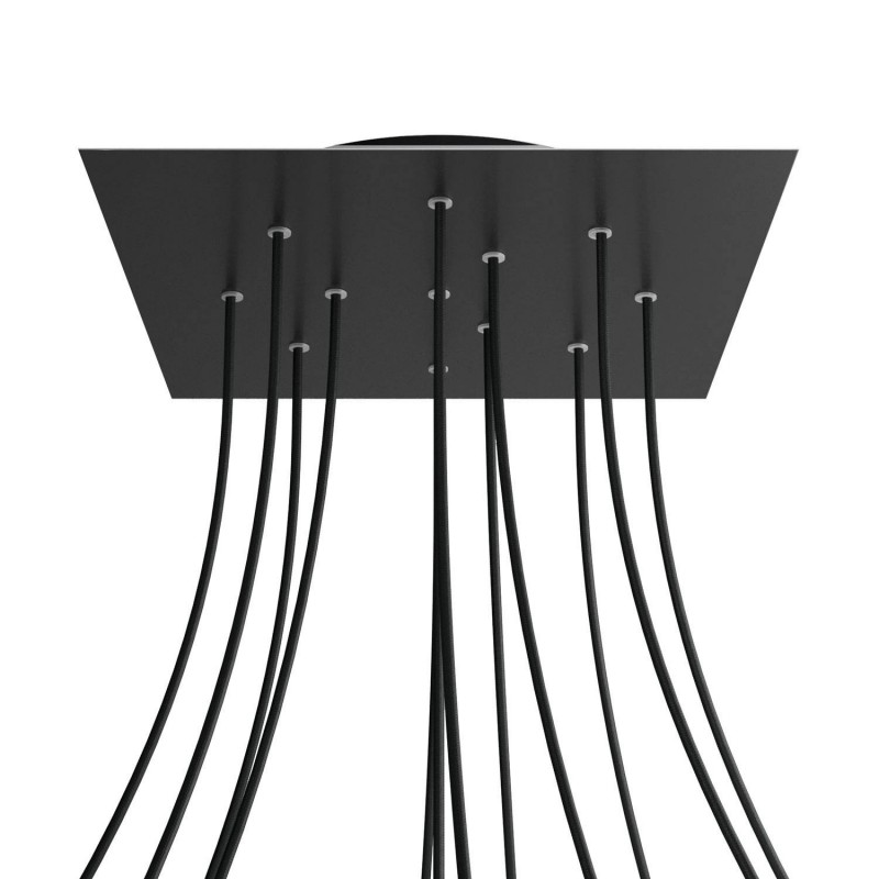 creative cables Čtvercový stropní baldachýn ROSE ONE, 400 mm, 12 otvorů a 4 boční otvory Barva komponentu: Matná černá, Barva montury: Černá