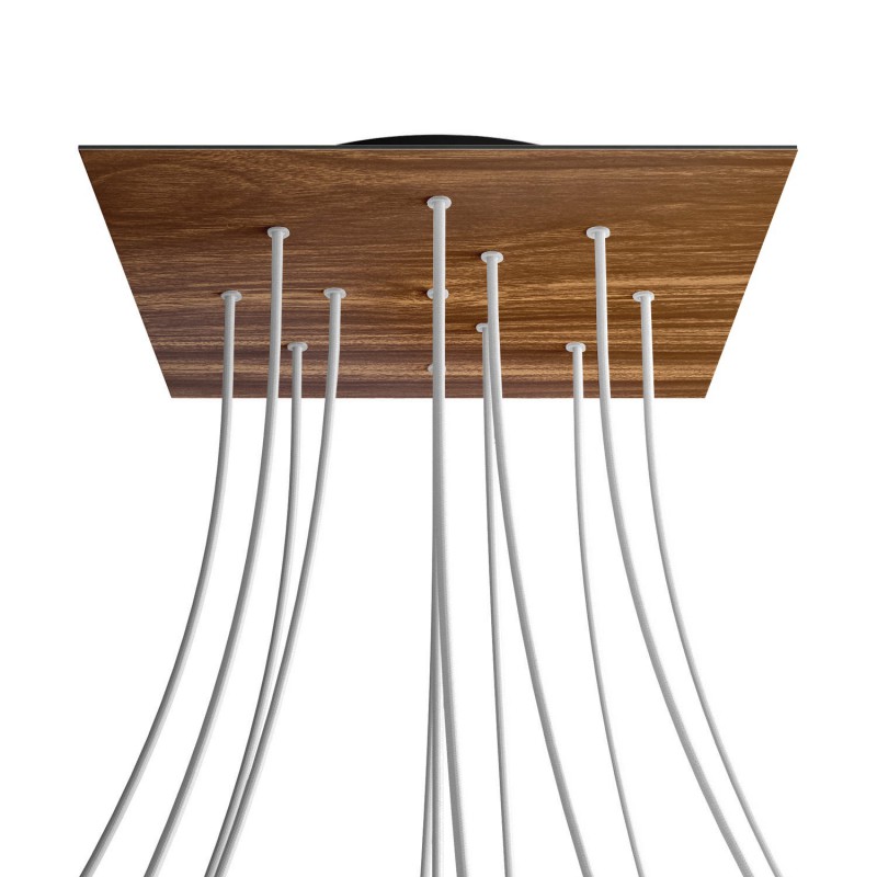 creative cables Čtvercový stropní baldachýn ROSE ONE, 400 mm, 12 otvorů a 4 boční otvory Barva komponentu: Dřevo, Barva montury: Černá