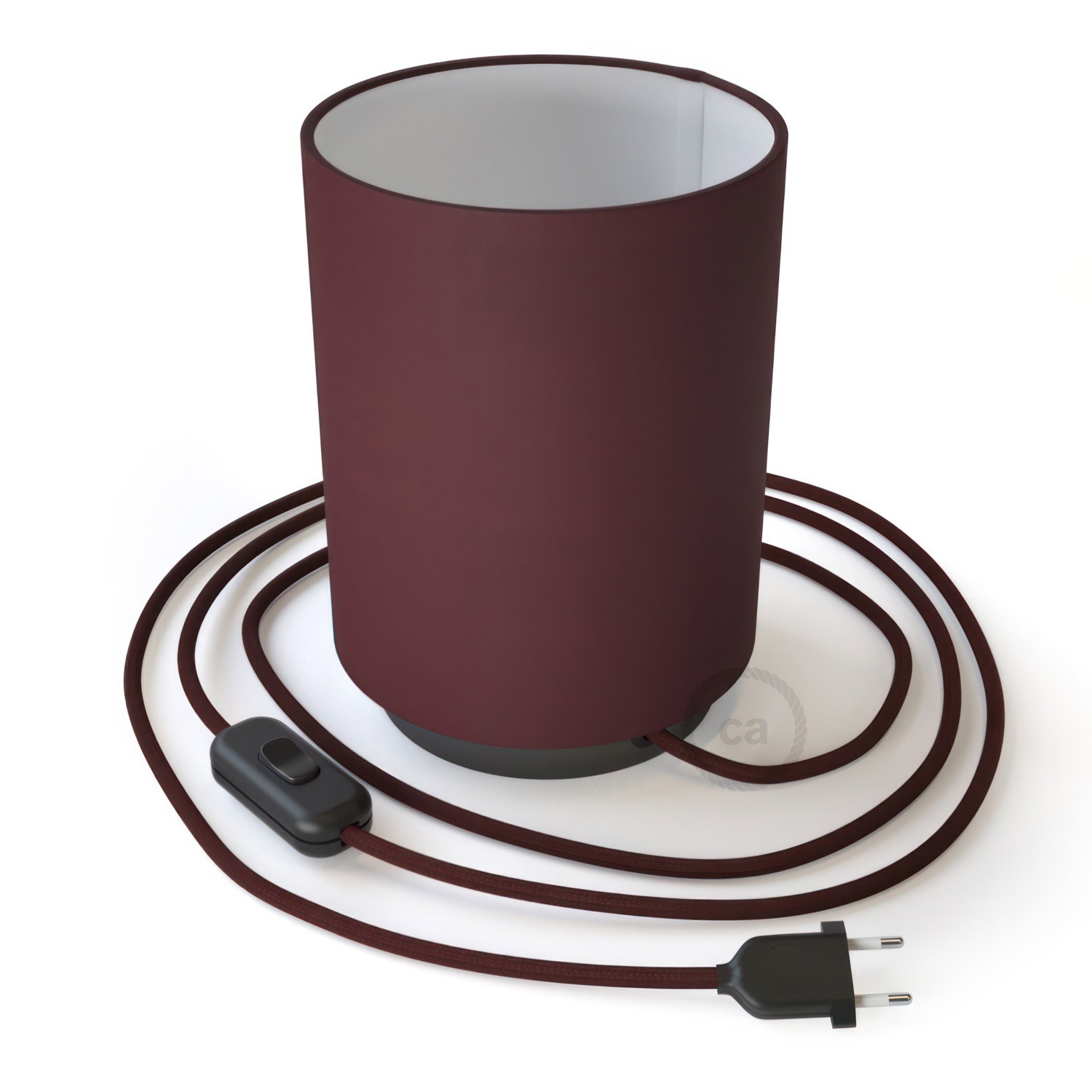 Levně creative cables Posaluce, kovové svítidlo s bordó plátěným válcovým stínidlem, textilním kabelem, in-line vypínačem a 2-pólovou zástrčkou Barva: Černá perleť-bordo