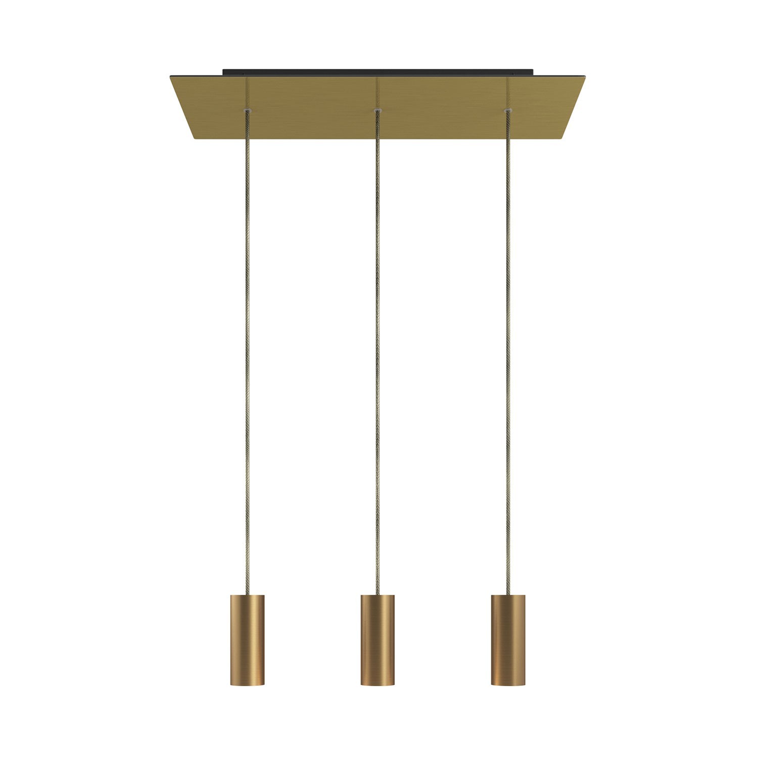 creative cables Závěsná lampa se 3 světly, s obdélníkovým XXL baldachýnem Rose-one, textilním kabelem a kovovými stínidly Tub-E14 Barva: Hladký mosazný dibond