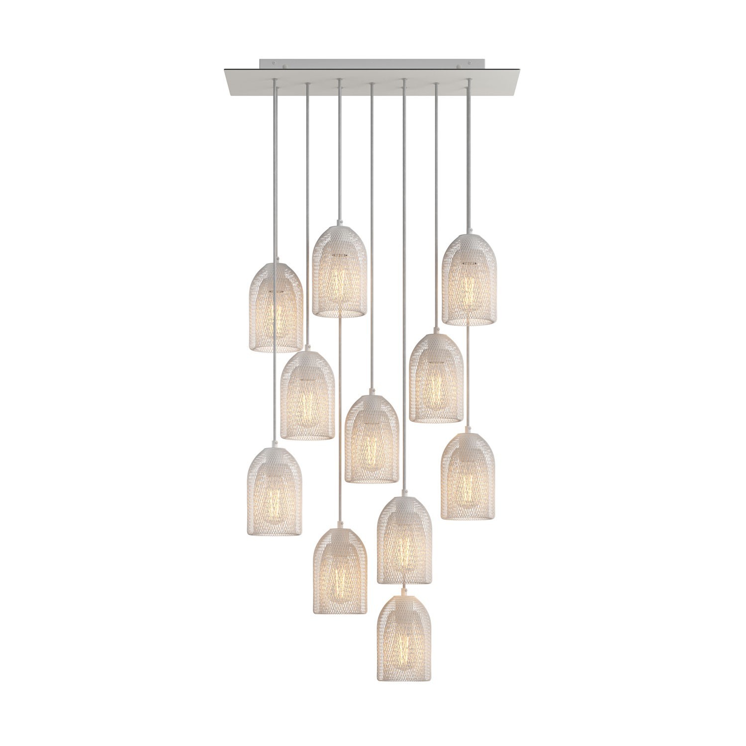 creative cables Závěsná lampa s 11 světly, s obdélníkovým XXL baldachýnem Rose-one, textilním kabelem a kovovými stínidly Ghostbell Barva: Matný bílý dibond