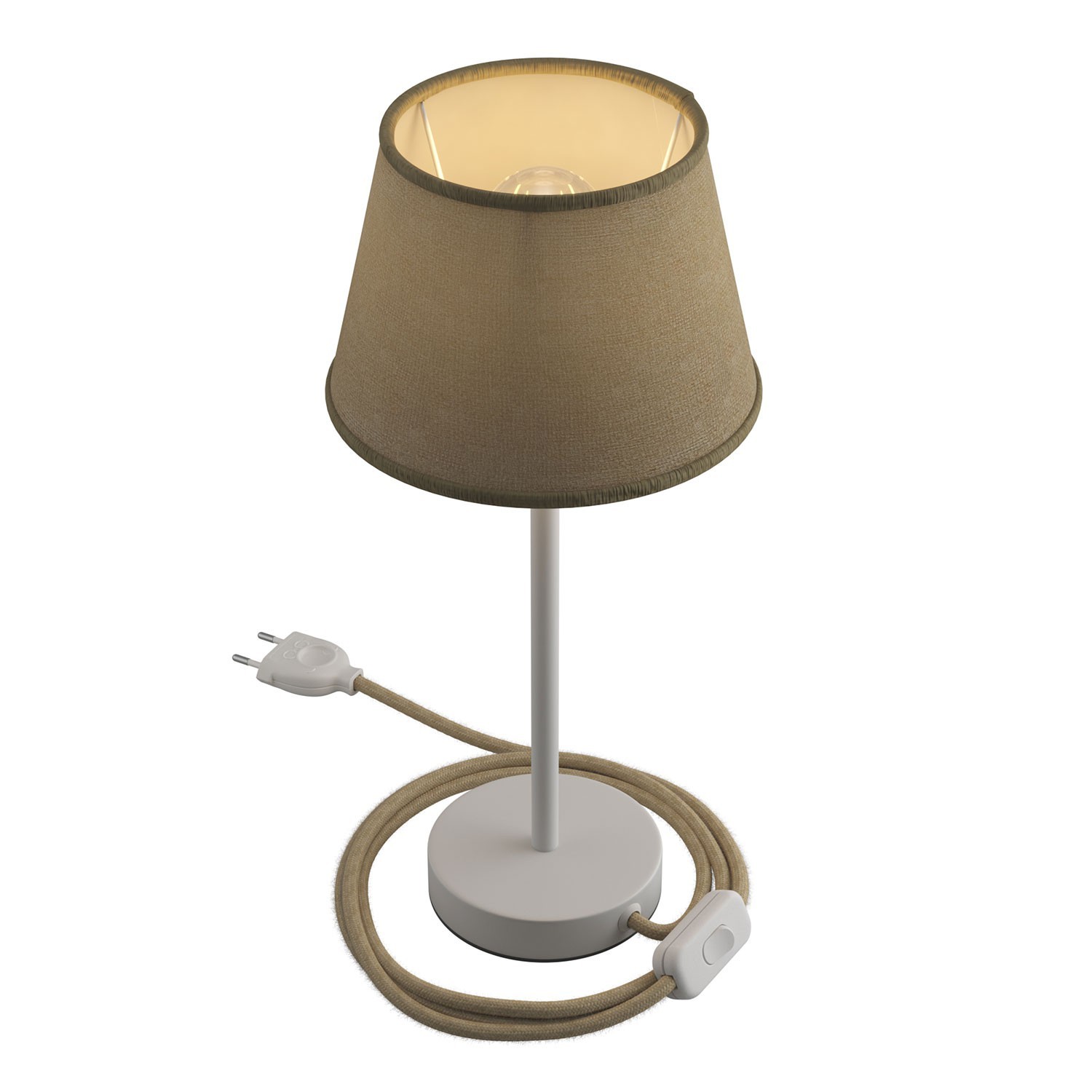 Levně creative cables Alzaluce se stínidlem Impero, kovová stolní lampa se zástrčkou, kabelem a vypínačem Velikost: 25 cm, Barva: Matná bílá-juta