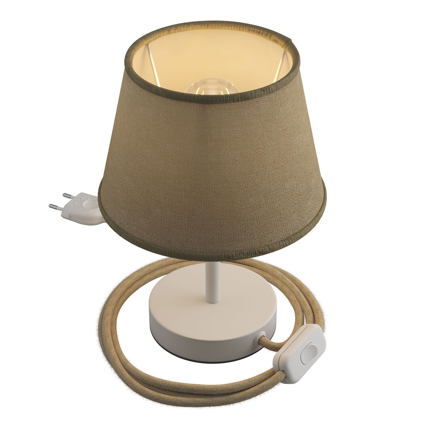 Levně creative cables Alzaluce se stínidlem Impero, kovová stolní lampa se zástrčkou, kabelem a vypínačem Velikost: 10 cm, Barva: Matná bílá-juta