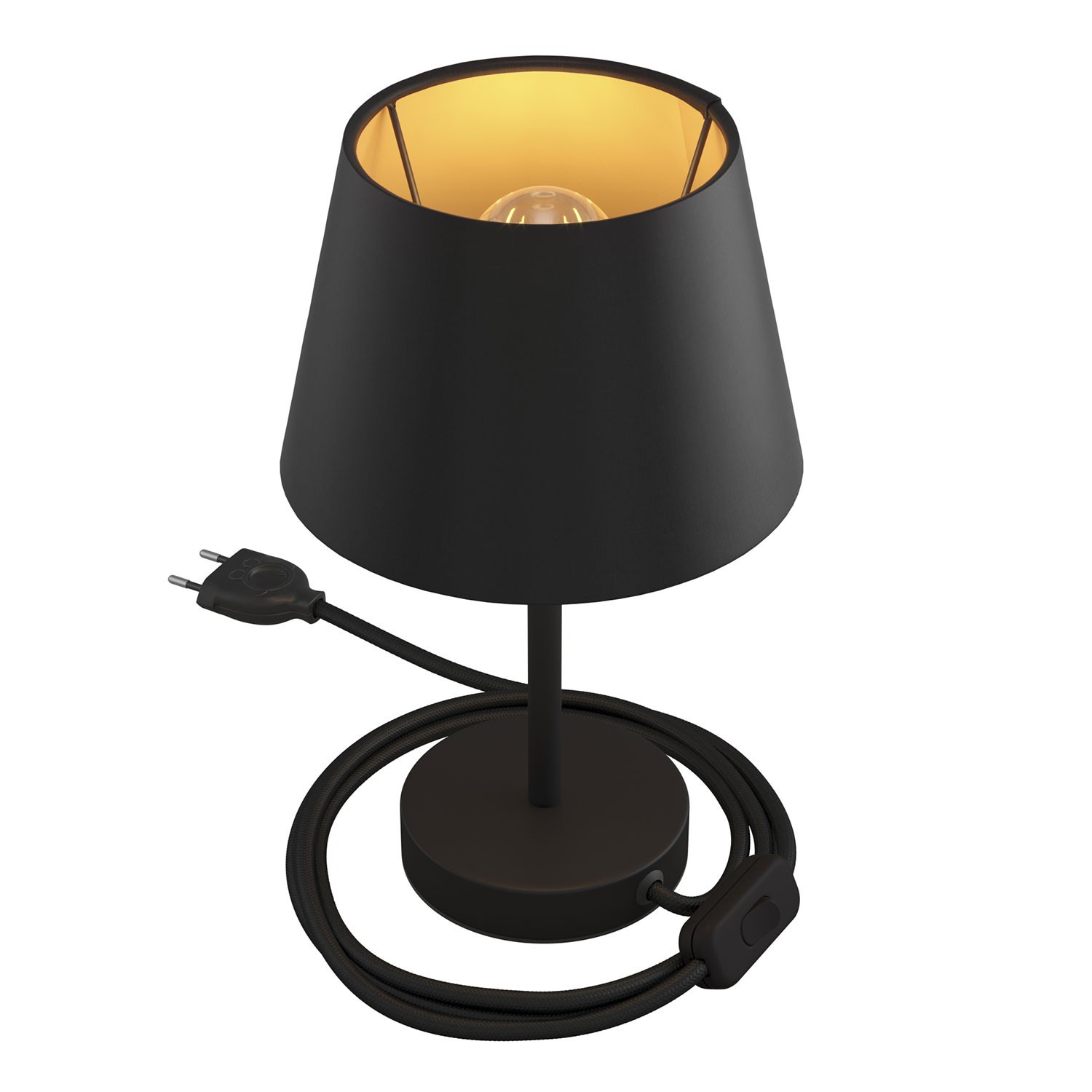 Levně creative cables Alzaluce se stínidlem Impero, kovová stolní lampa se zástrčkou, kabelem a vypínačem Velikost: 15 cm, Barva: Matná černá-černá Cinette