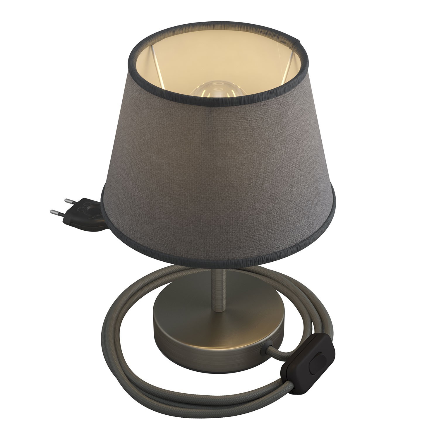 Levně creative cables Alzaluce se stínidlem Impero, kovová stolní lampa se zástrčkou, kabelem a vypínačem Velikost: 10 cm, Barva: Matný chrom-šedá juta