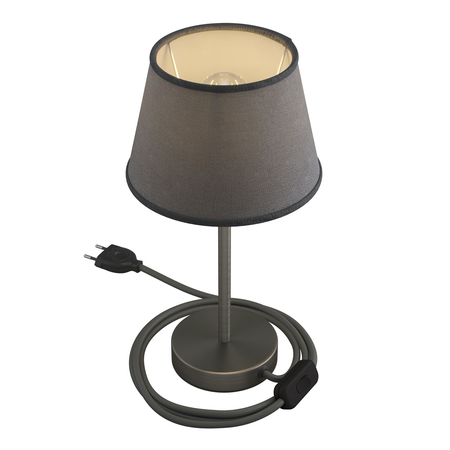 Levně creative cables Alzaluce se stínidlem Impero, kovová stolní lampa se zástrčkou, kabelem a vypínačem Velikost: 20 cm, Barva: Matný chrom-šedá juta