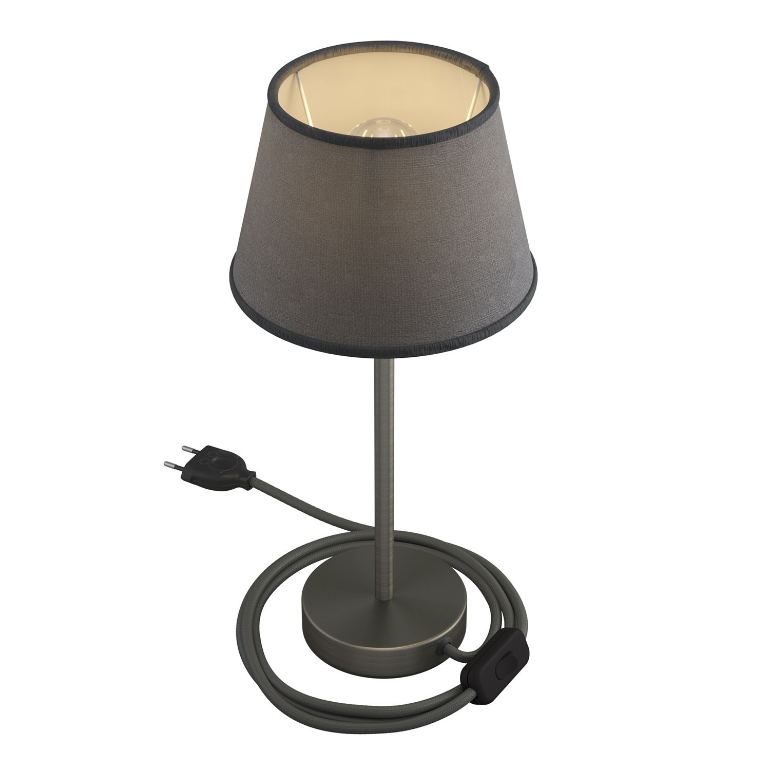 Levně creative cables Alzaluce se stínidlem Impero, kovová stolní lampa se zástrčkou, kabelem a vypínačem Velikost: 25 cm, Barva: Matný chrom-šedá juta