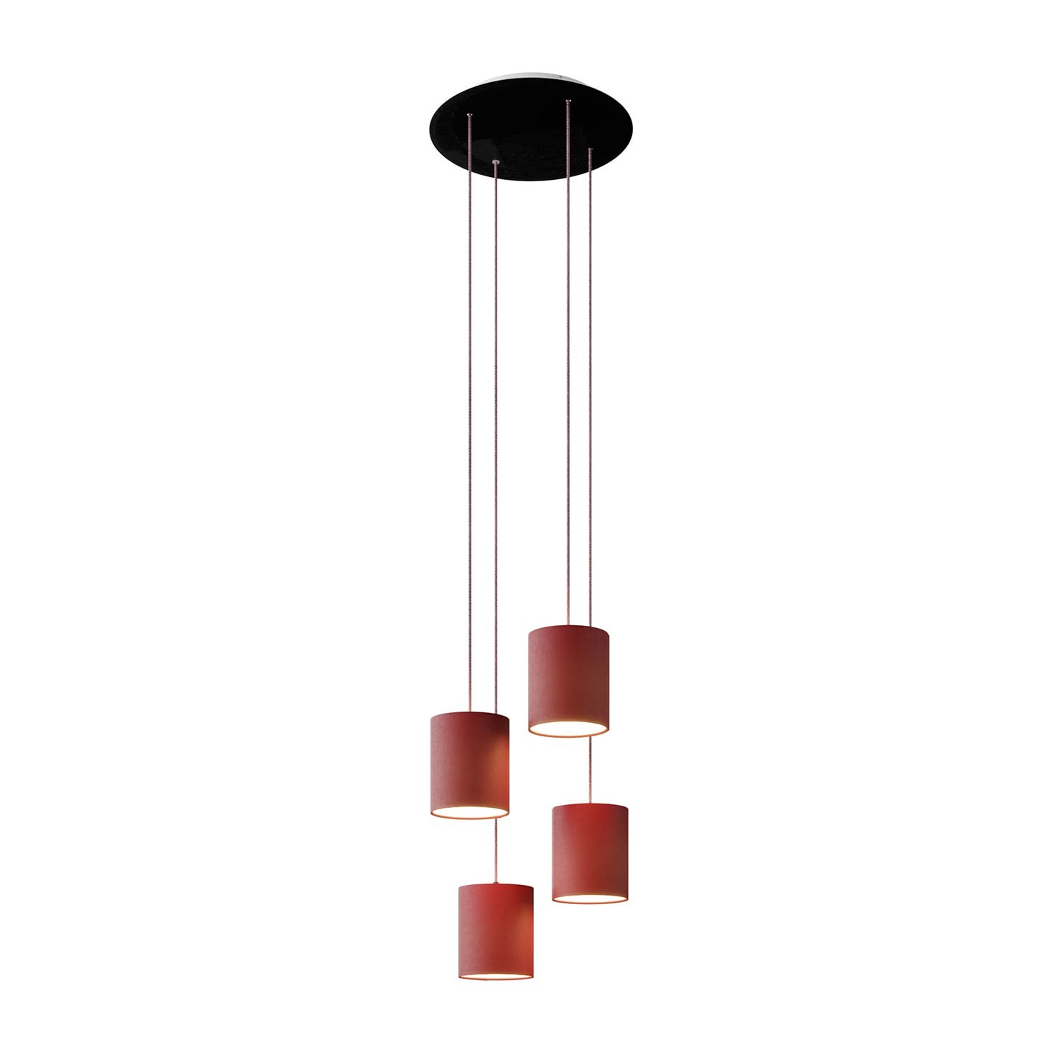 Levně creative cables Závěsná lampa se 4 světly, s kulatým XXL baldachýnem Rose-one, textilním kabelem a válcovými plátěnými stínidly Barva: Bordo, Montáž: Sestavený