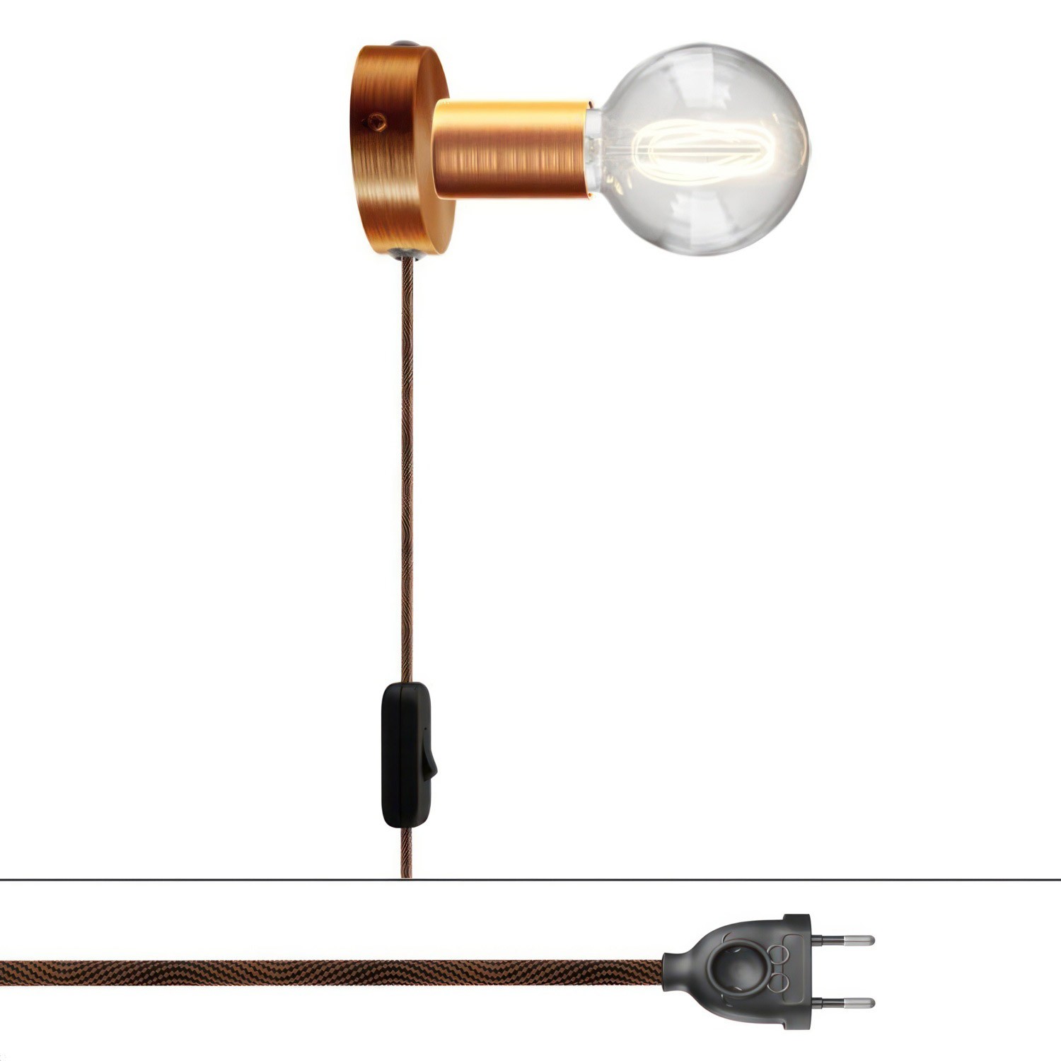 Levně creative cables Spostaluce, nástěnná kovová lampa s vypínačem a zástrčkou Barva: Měď