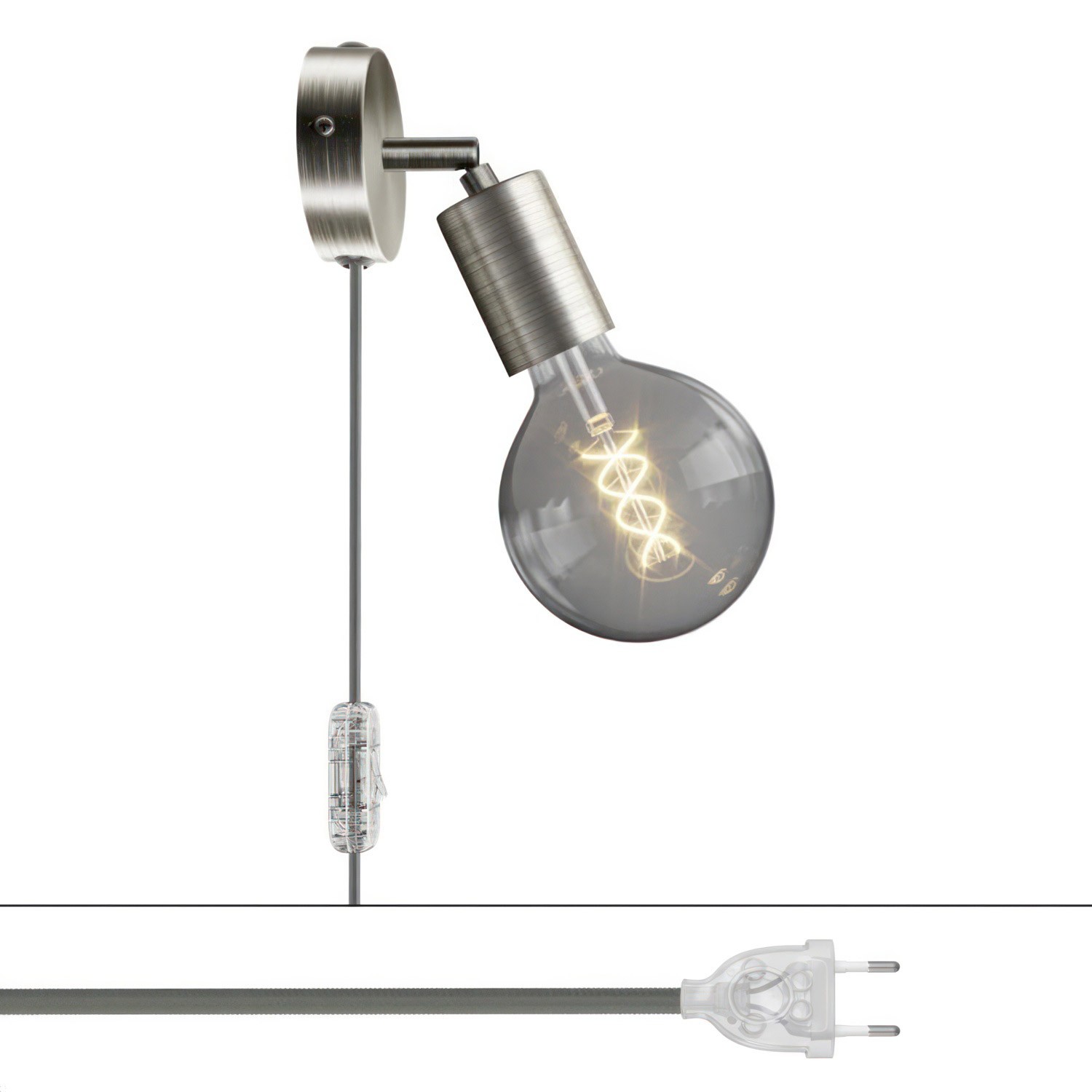 creative cables Spostaluce, nástěnná kovová lampa s nastavitelným kovovým kloubem, vypínačem a zástrčkou Barva: Matný chrom