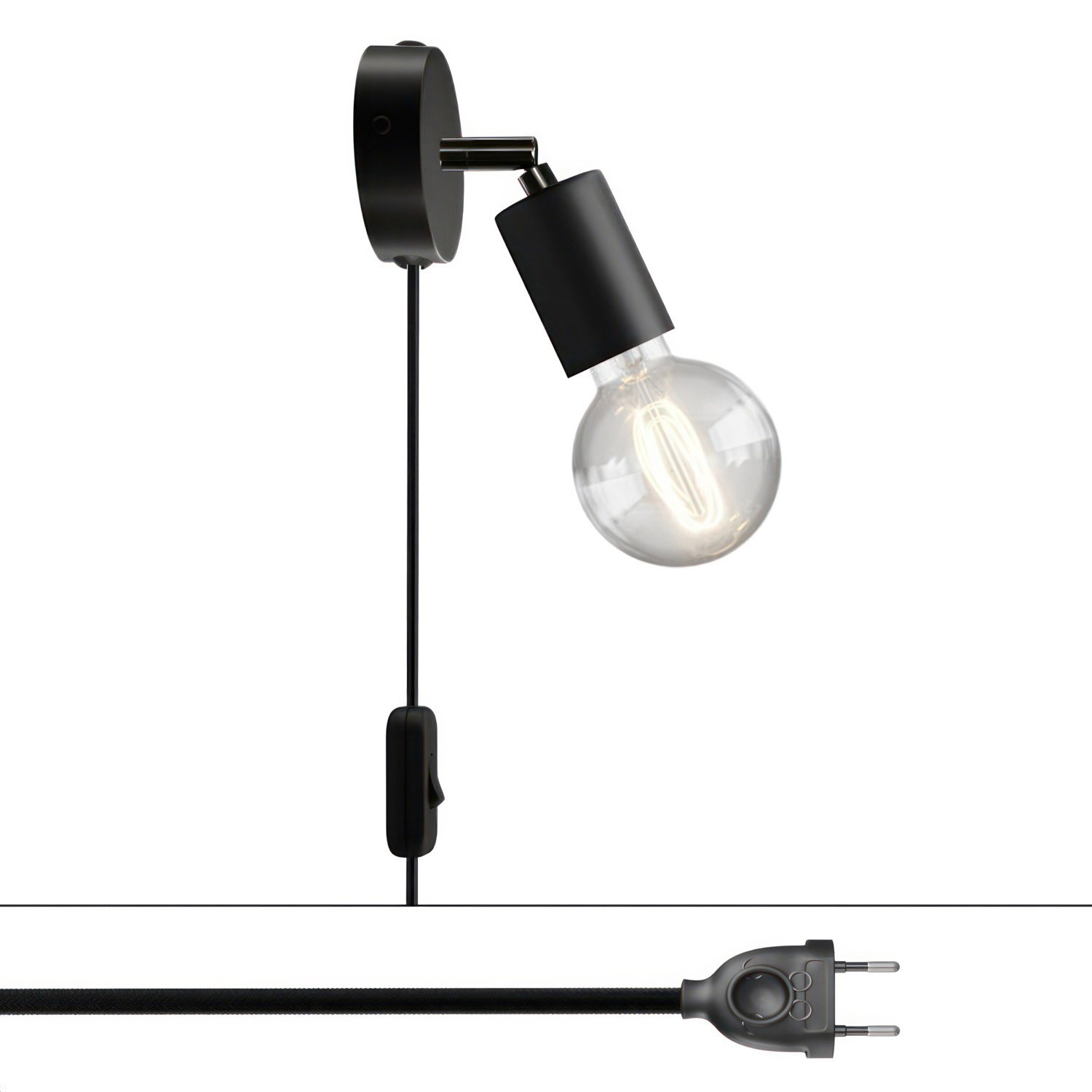 creative cables Spostaluce, nástěnná kovová lampa s nastavitelným kovovým kloubem, vypínačem a zástrčkou Barva: Černá
