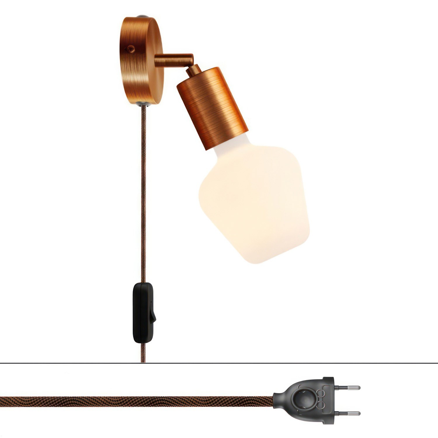 creative cables Spostaluce, nástěnná kovová lampa s nastavitelným kovovým kloubem, vypínačem a zástrčkou Barva: Matná měď