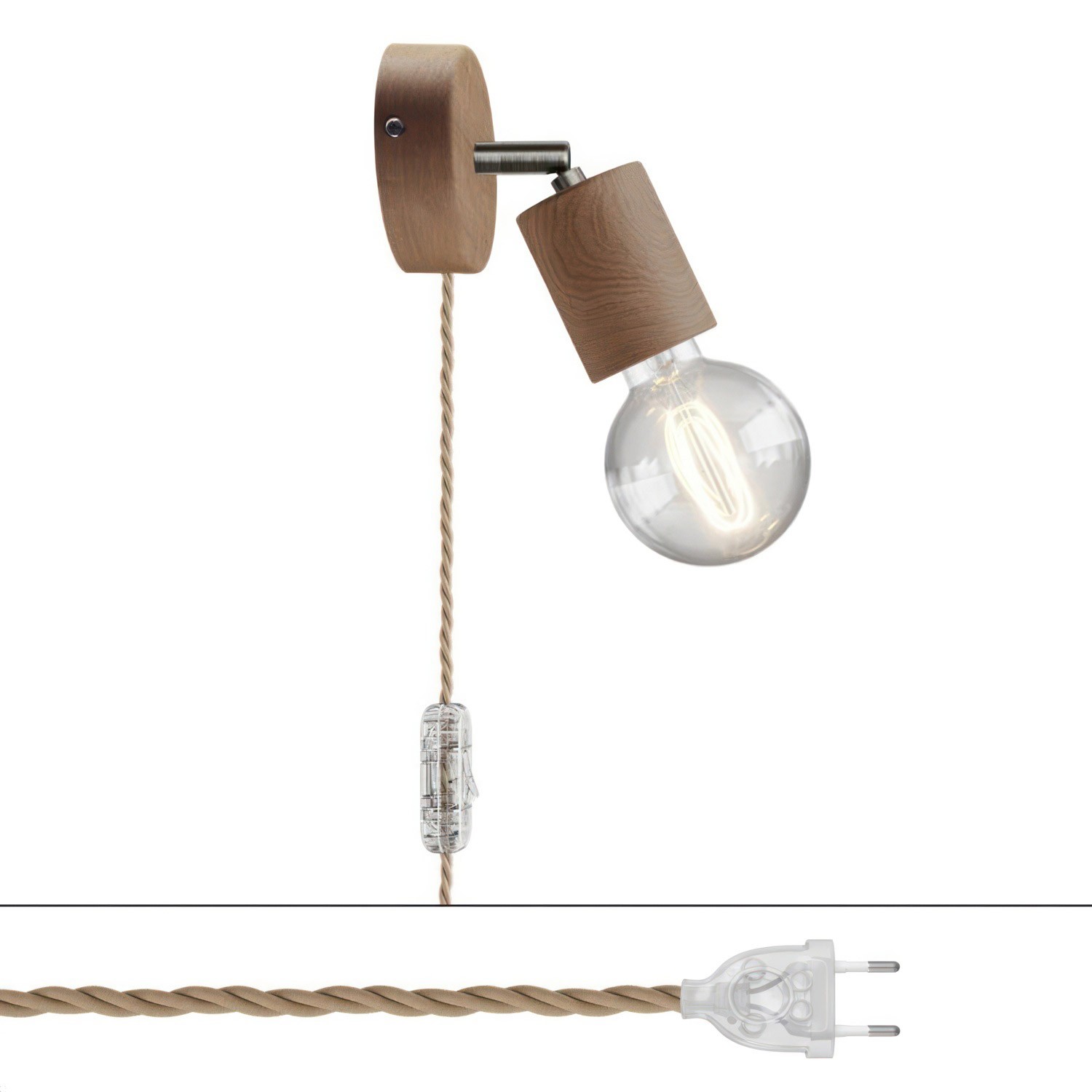 creative cables Spostaluce, nástěnná dřevěná lampa s nastavitelným kovovým kloubem, vypínačem a zástrčkou Barva: Neutrální-matný chrom
