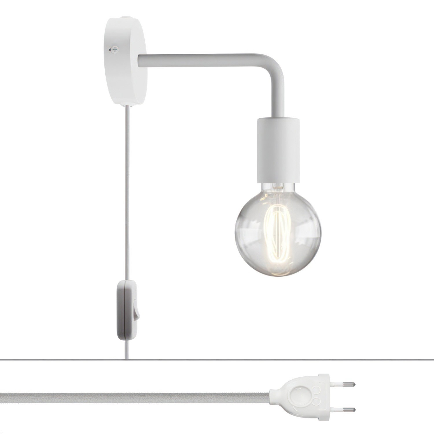 creative cables Spostaluce, nástěnná kovová lampa s prodloužením do tvaru l s vypínačem a zástrčkou Barva: Bílá