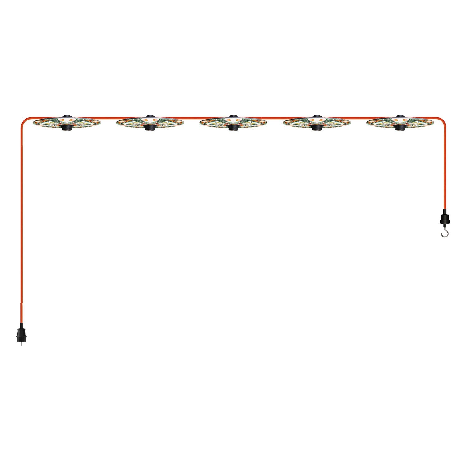 creative cables Světelný řetěz LUMET 'maioliche', textilní kabel od 7,5m délky, 5x objímky a stínidla, háček a zástrčka Barva: Červeno-zelená