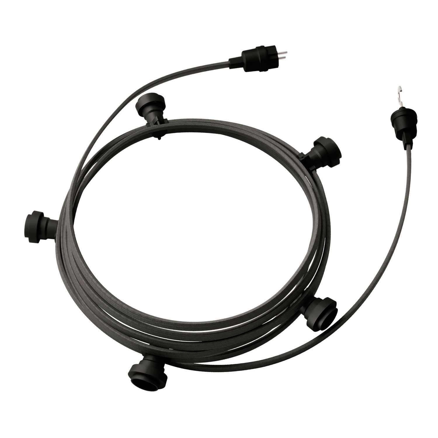 creative cables Hotový světelný řetěz LUMET 7,5 m je sestavený z 5 černých objímek, háčku a zástrčky Barva kabelu: Šedá - CM03