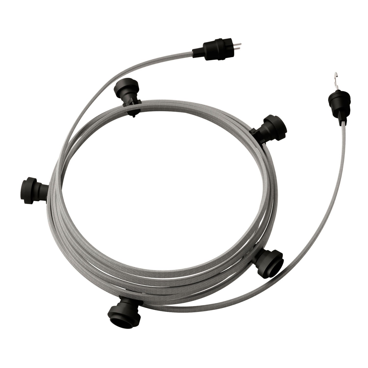 creative cables Hotový světelný řetěz LUMET 7,5 m je sestavený z 5 černých objímek, háčku a zástrčky Barva kabelu: Bílo-černá - CZ04