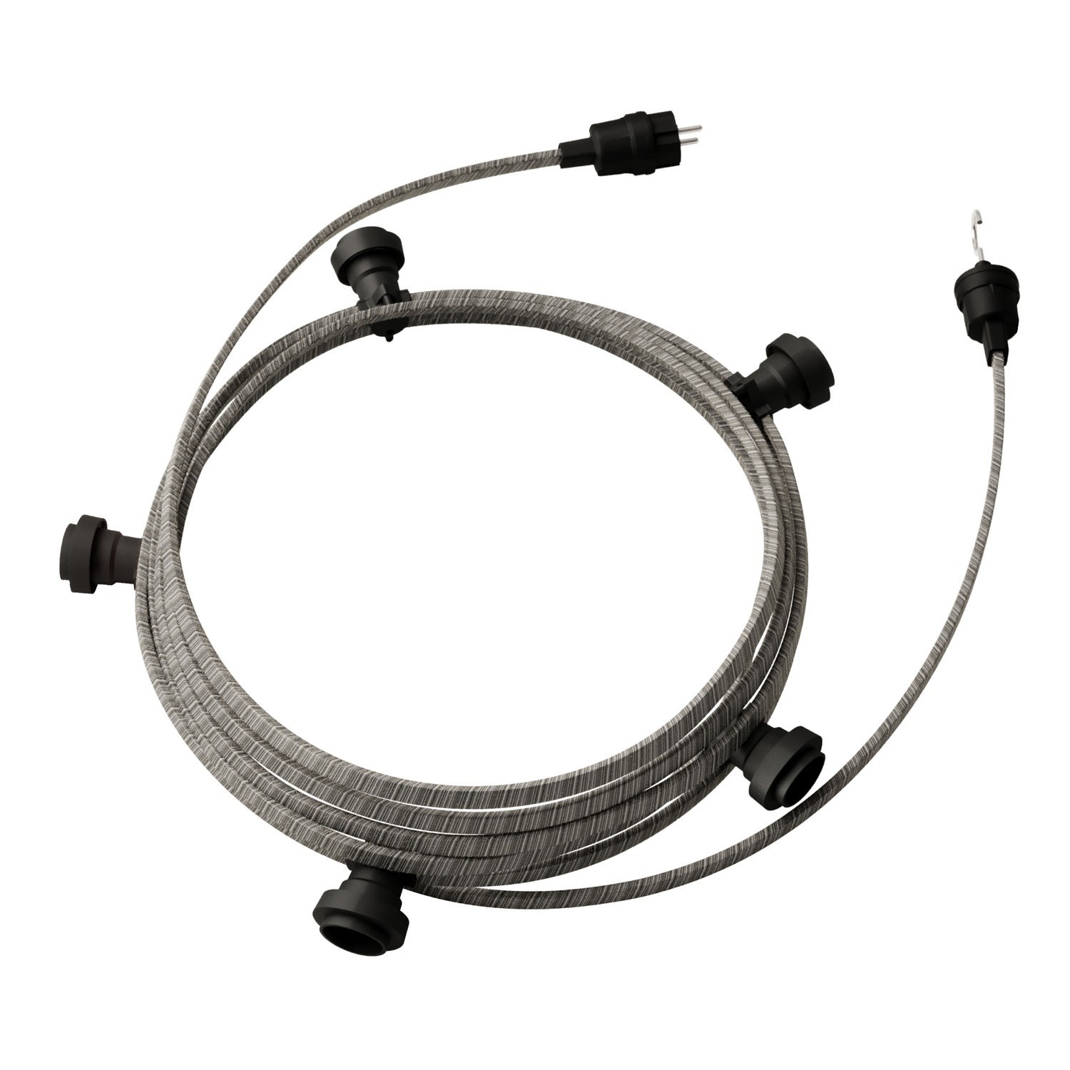 creative cables Hotový světelný řetěz LUMET 7,5 m je sestavený z 5 černých objímek, háčku a zástrčky Barva kabelu: Bílo-černá - ECC37