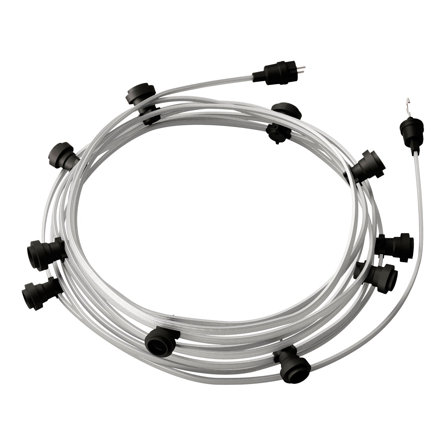 creative cables Hotový světelný řetěz LUMET 12,5 m je sestavený z 10 černých objímek, háčku a zástrčky Barva kabelu: Stříbrná - CM02
