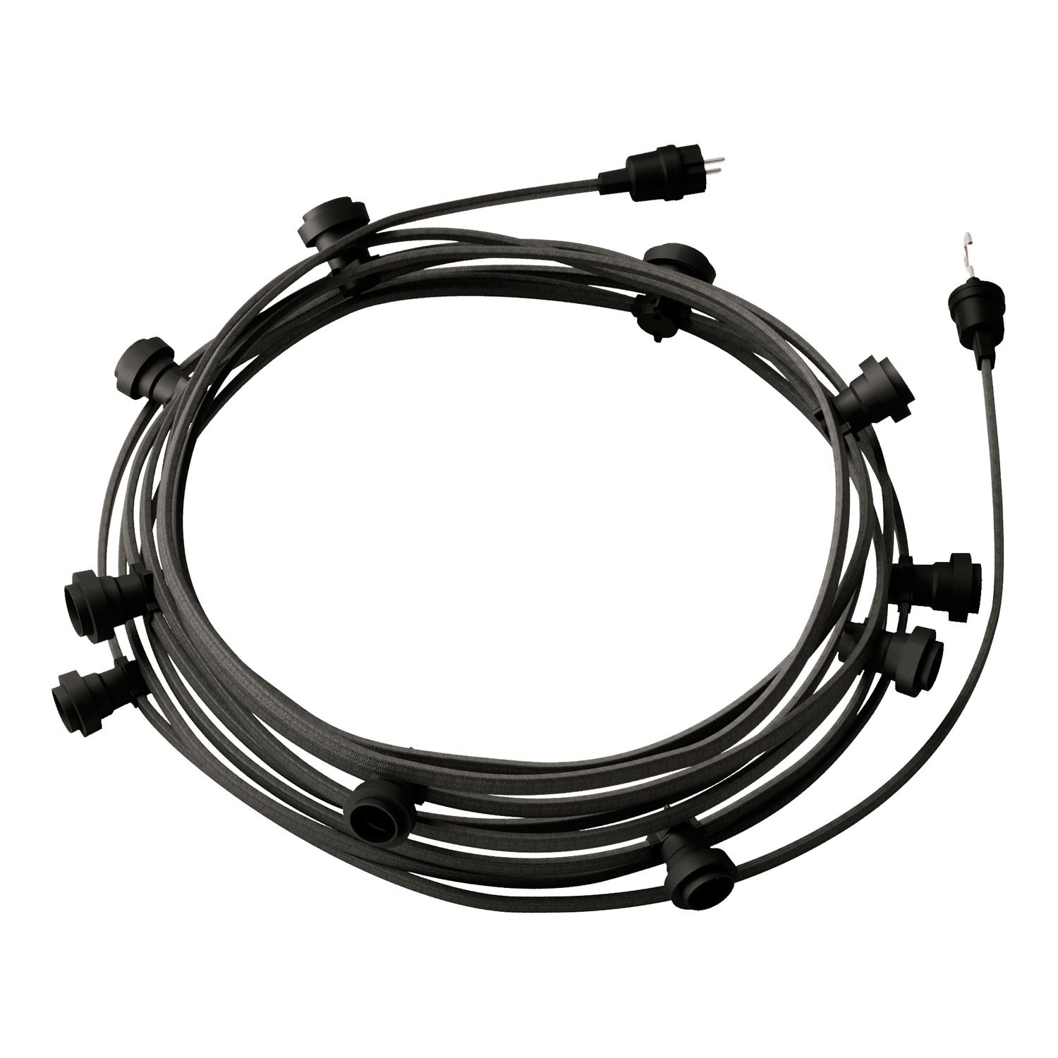 creative cables Hotový světelný řetěz LUMET 12,5 m je sestavený z 10 černých objímek, háčku a zástrčky Barva kabelu: Šedá - CM03