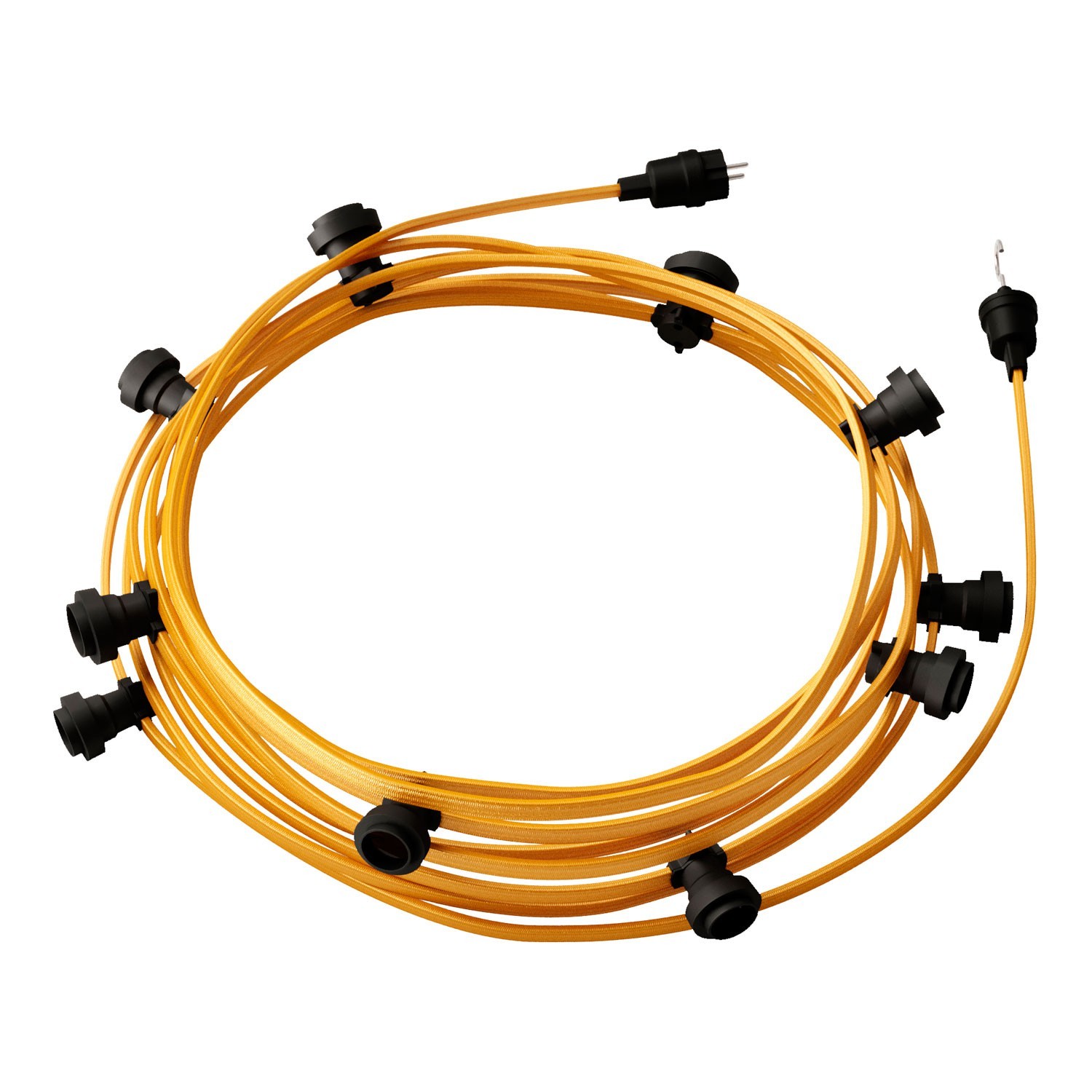 creative cables Hotový světelný řetěz LUMET 12,5 m je sestavený z 10 černých objímek, háčku a zástrčky Barva kabelu: Zlatá - CM05
