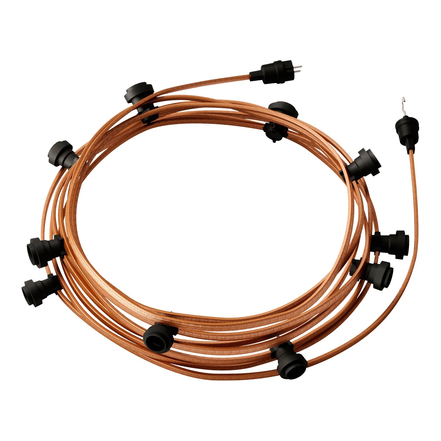 creative cables Hotový světelný řetěz LUMET 12,5 m je sestavený z 10 černých objímek, háčku a zástrčky Barva kabelu: Whisky - CM22