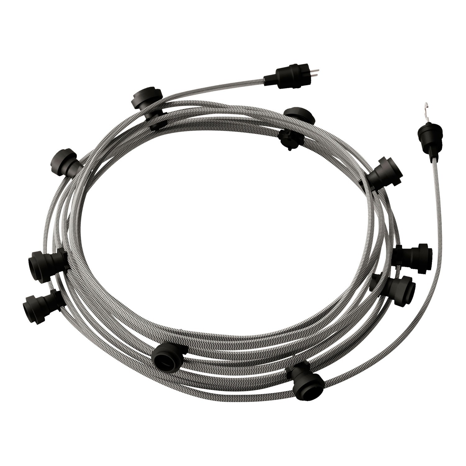 creative cables Hotový světelný řetěz LUMET 12,5 m je sestavený z 10 černých objímek, háčku a zástrčky Barva kabelu: Bílo-černá - CZ04