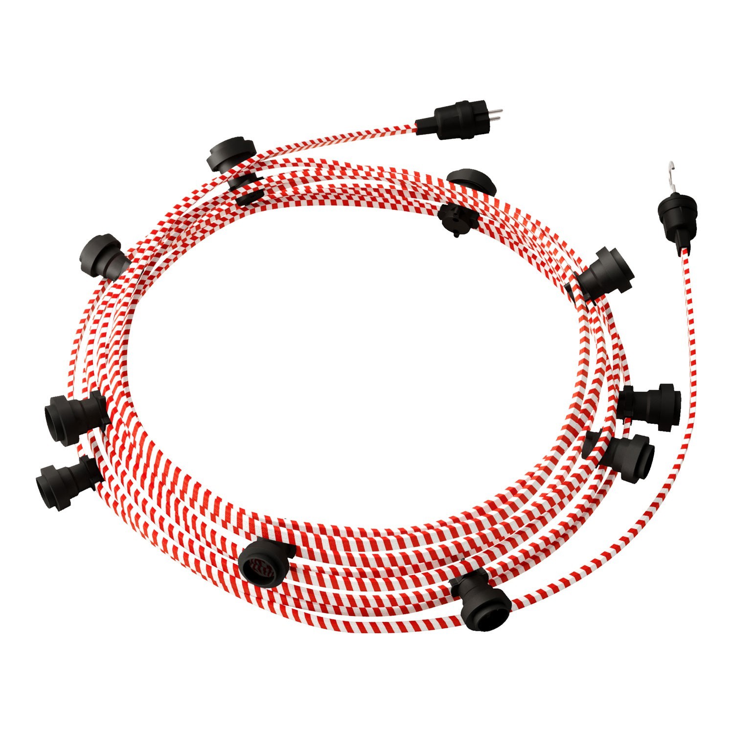 creative cables Hotový světelný řetěz LUMET 12,5 m je sestavený z 10 černých objímek, háčku a zástrčky Barva kabelu: Červeno-bílá - ECM39