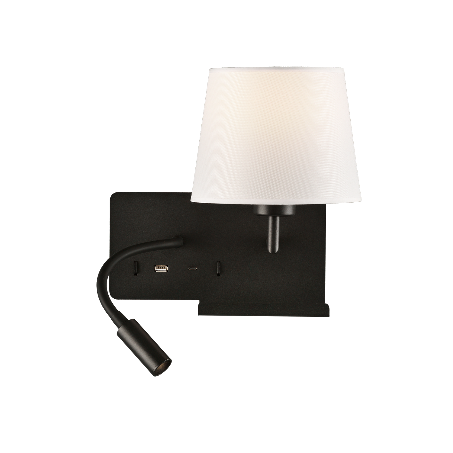 ACB Iluminacion Nástěnné LED svítidlo HOLD pravé, 3W + 1xE27 15W, CRI90, 2x vstup USB/USBC Barva: Černá, Barva montury: Bílá