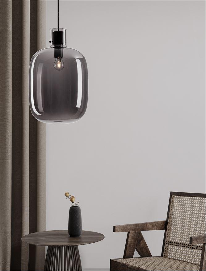 Nova Luce Závěsné svítidlo CINZIA kouřové sklo černý kabel černá kovová základna E27 1x12W