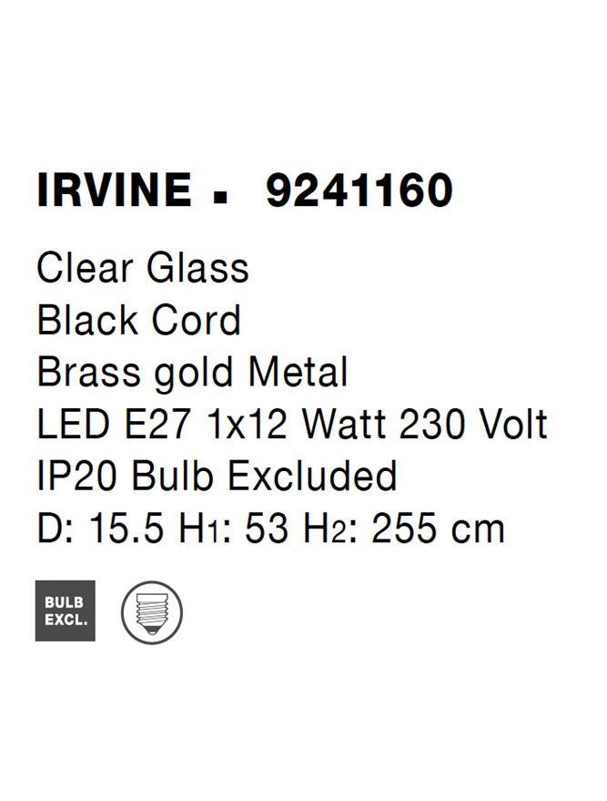 Nova Luce Závěsné svítidlo IRVINE čiré sklo černý kabel mosazný zlatý kov E27 1x12W