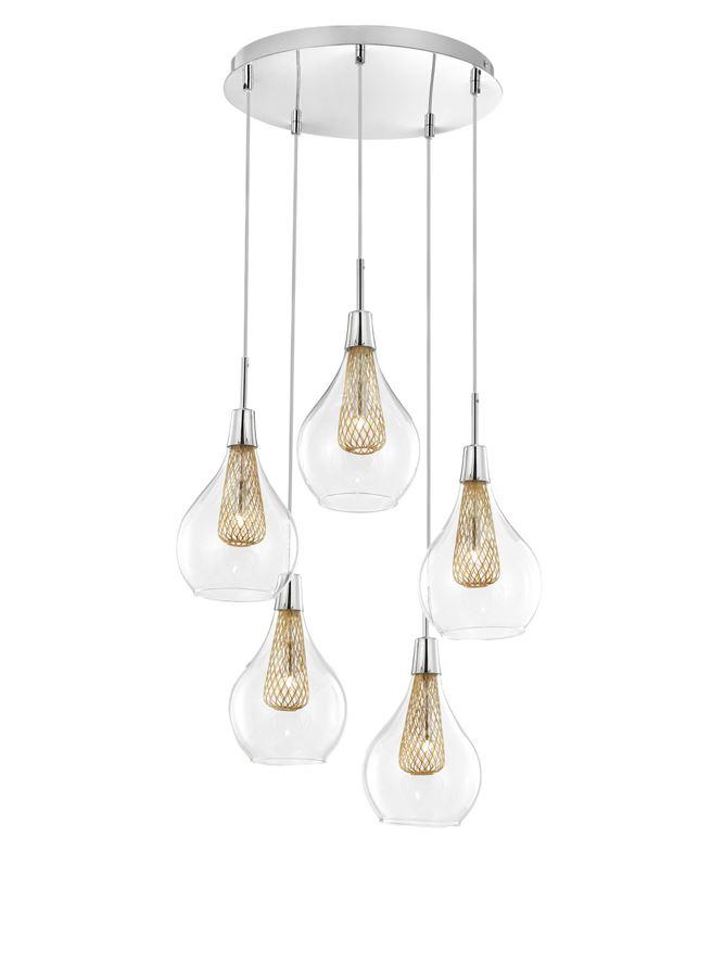 Nova Luce Závěsné svítidlo FILO chromovaný hliník čiré sklo a zlatý rám G9 5x5W
