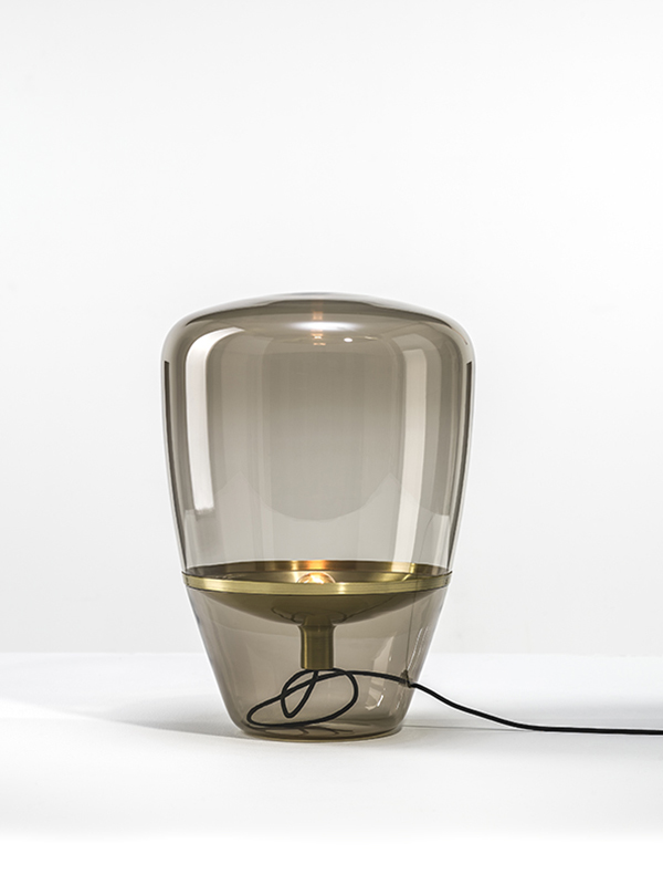 Levně Brokis Designová stolní lampa Balloons small, PC856, 1xE14 Barva skla: Hnědá kouřová - transparentní sklo, Barva el. vedení: Textilní kabel - tmavě šedý, Reflektor: citrónově žlutá
