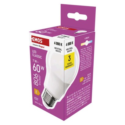 Emos lighting LED žárovka Classic A60 / E27 / 7 W (60 W) / 806 lm / neutrální bílá 1525733472