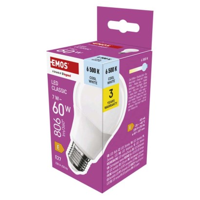 Emos lighting LED žárovka Classic A60 / E27 / 7 W (60 W) / 806 lm / Studená bílá 1525733121