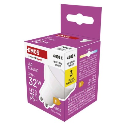 Emos lighting LED žárovka Classic MR16 bílá/ GU10 / 3 W (32 W) / 345 lm / neutrální bílá 1525730424