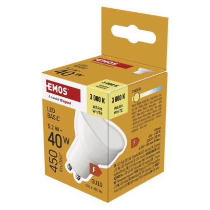 Emos lighting LED žárovka Basic MR16 / GU10 / 5,2 W (40 W) / 450 lm / teplá bílá 1525730235